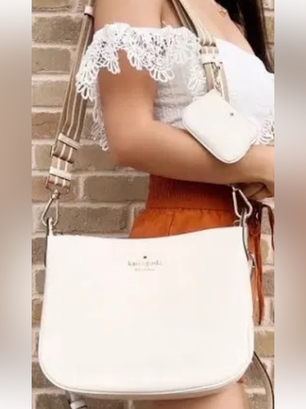 kate spade Rosie Cream Leather Shoulder Bag with Striped Tan Strap